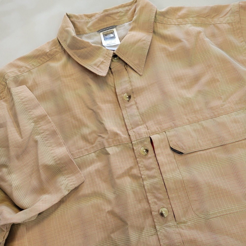 The North Face Mens Large Tan Orange Micro‎ Plaid Short Sleeve Button Down Shirt